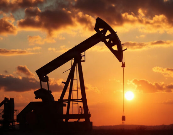 WTI crude oil pumpjack at sunset with diplomatic and sanctions backdrop