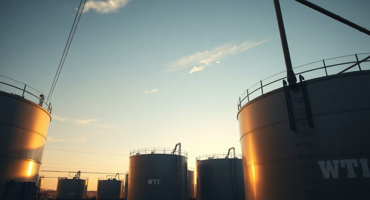 WTI crude oil storage tanks at an industrial facility during sunset