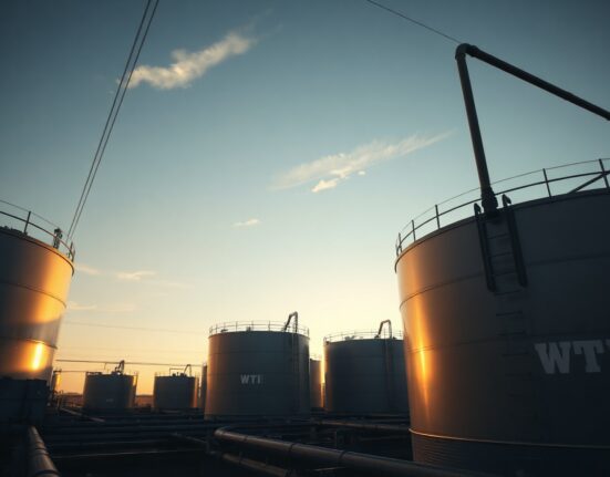 WTI crude oil storage tanks at an industrial facility during sunset