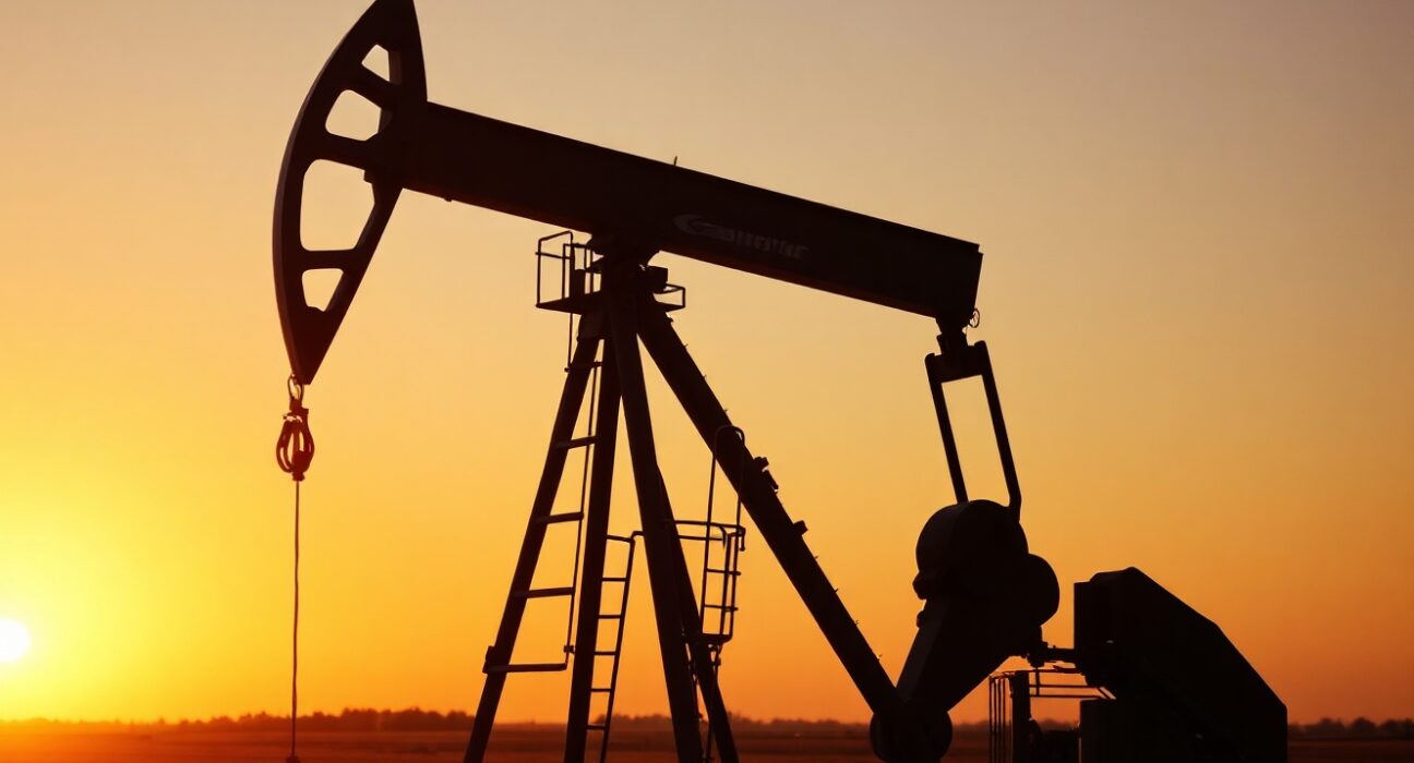 Oil pump jack silhouetted at sunset, representing crude oil market movements.
