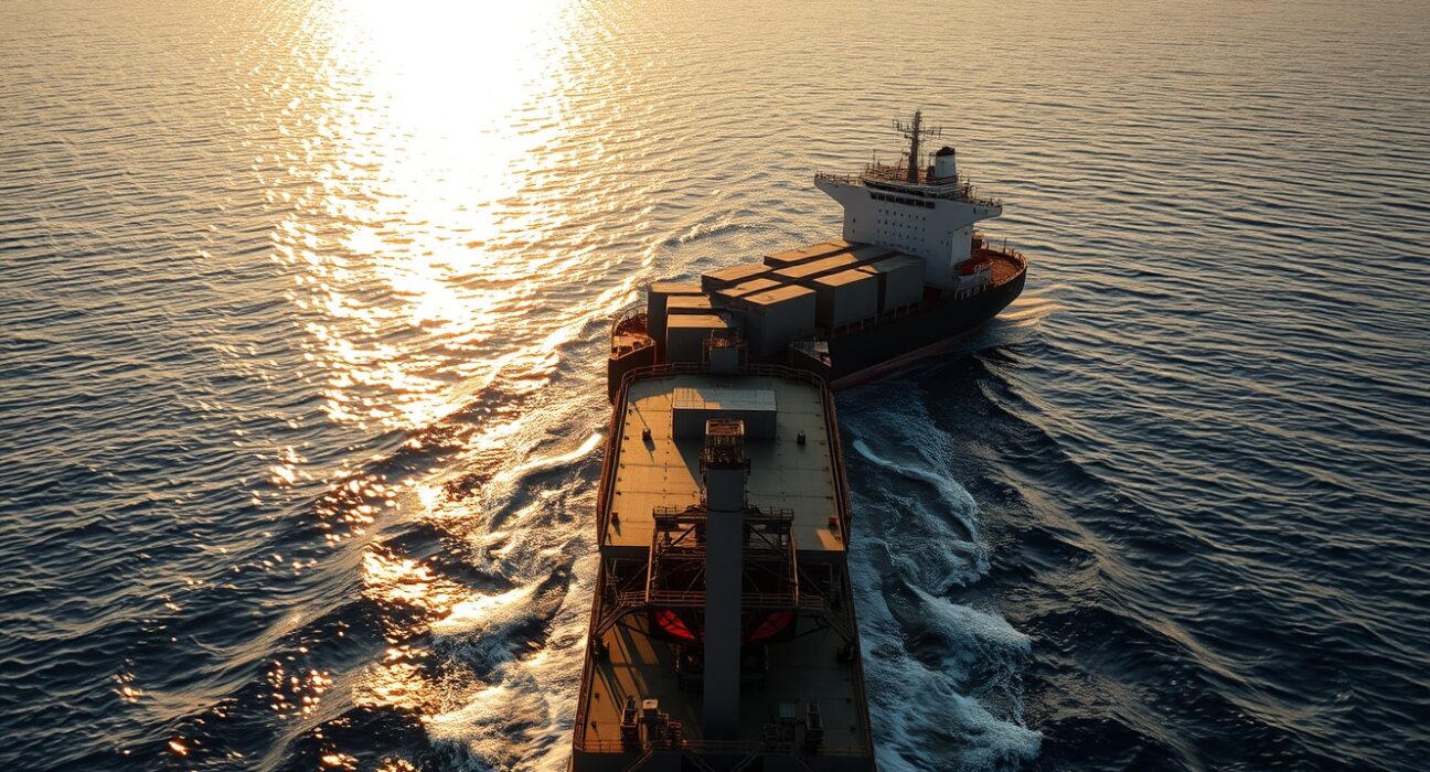 Cargo ship navigating the Strait of Hormuz, with oil tankers in the background.