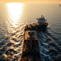 Cargo ship navigating the Strait of Hormuz, with oil tankers in the background.