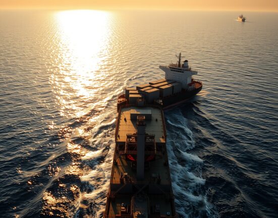 Cargo ship navigating the Strait of Hormuz, with oil tankers in the background.