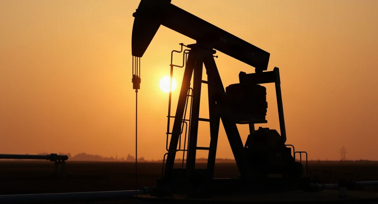 Oil pumpjack silhouetted against sunset sky, representing crude oil production and market dynamics.
