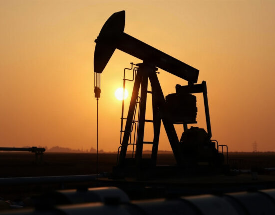 Oil pumpjack silhouetted against sunset sky, representing crude oil production and market dynamics.