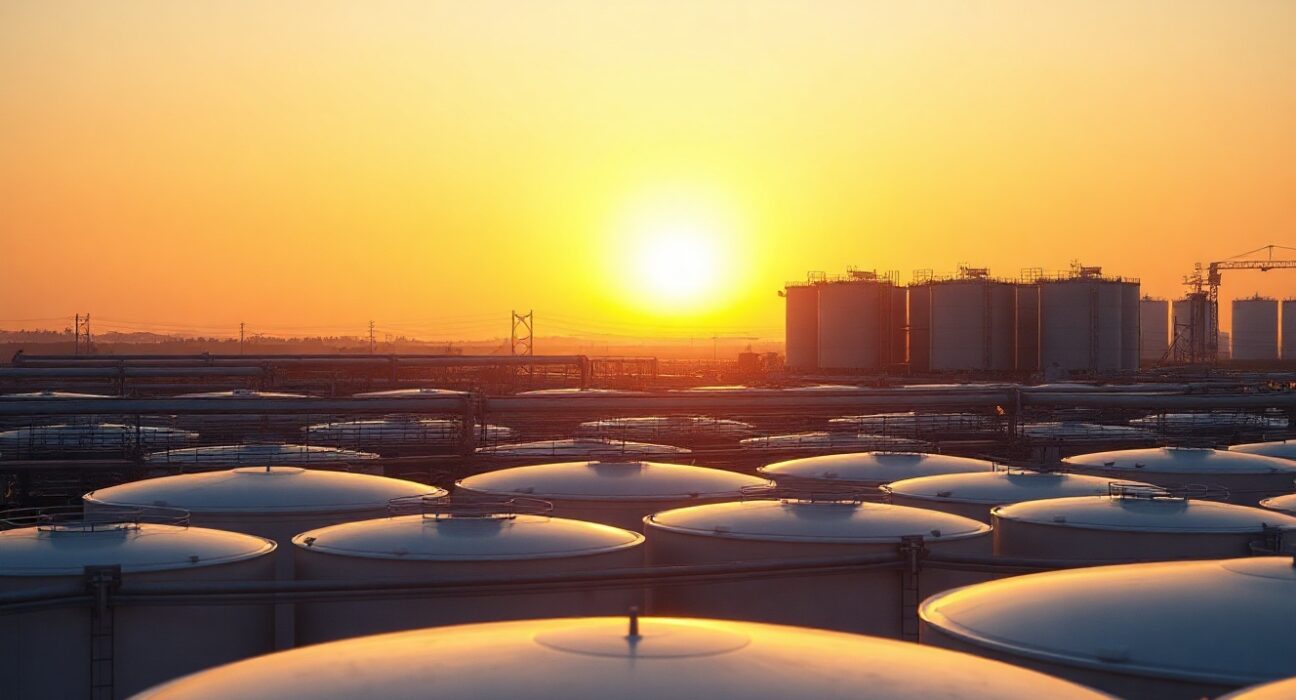 Oil storage tanks at sunset with a dove silhouette, symbolizing easing geopolitical tensions and falling oil prices.
