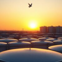 Oil storage tanks at sunset with a dove silhouette, symbolizing easing geopolitical tensions and falling oil prices.