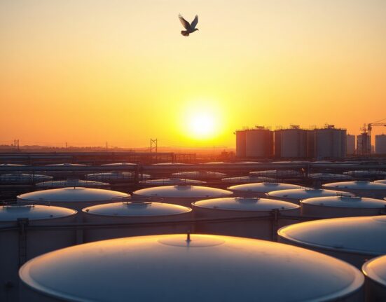 Oil storage tanks at sunset with a dove silhouette, symbolizing easing geopolitical tensions and falling oil prices.