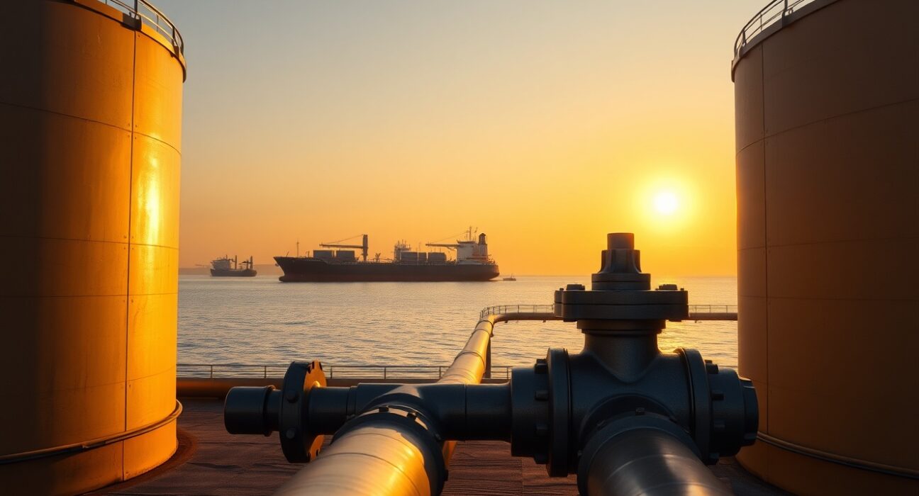 Oil storage tanks and pipeline at sunset with a tanker ship in the distance, representing global crude oil markets and geopolitical risks.