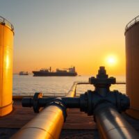 Oil storage tanks and pipeline at sunset with a tanker ship in the distance, representing global crude oil markets and geopolitical risks.