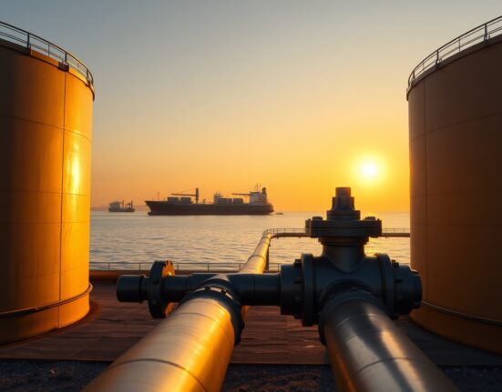 Oil storage tanks and pipeline at sunset with a tanker ship in the distance, representing global crude oil markets and geopolitical risks.