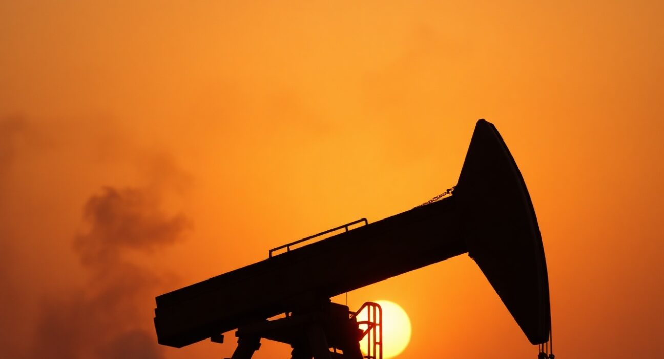 Oil pumpjack silhouette at sunset with hazy horizon suggesting geopolitical tension