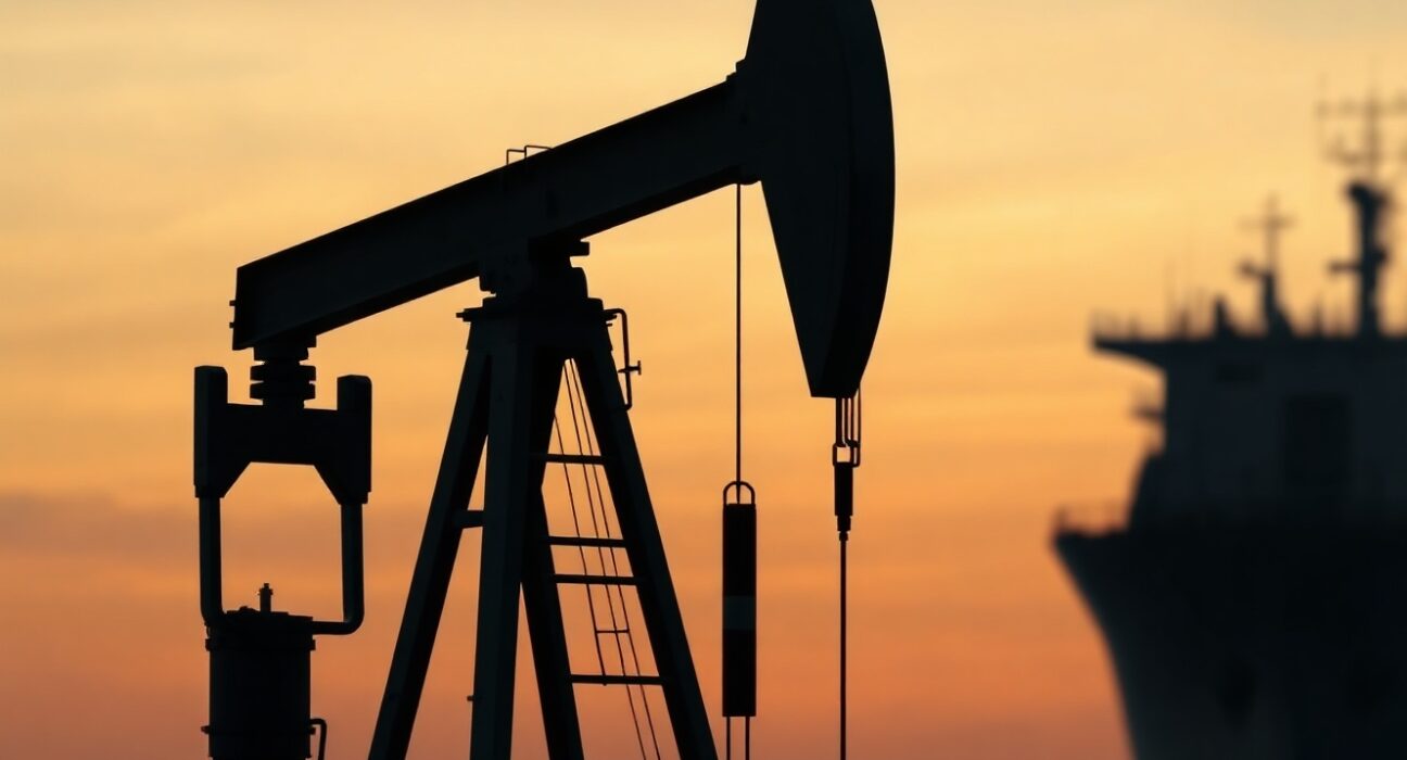 Crude oil pumpjack silhouette with a tanker ship in the background at dusk