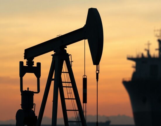 Crude oil pumpjack silhouette with a tanker ship in the background at dusk