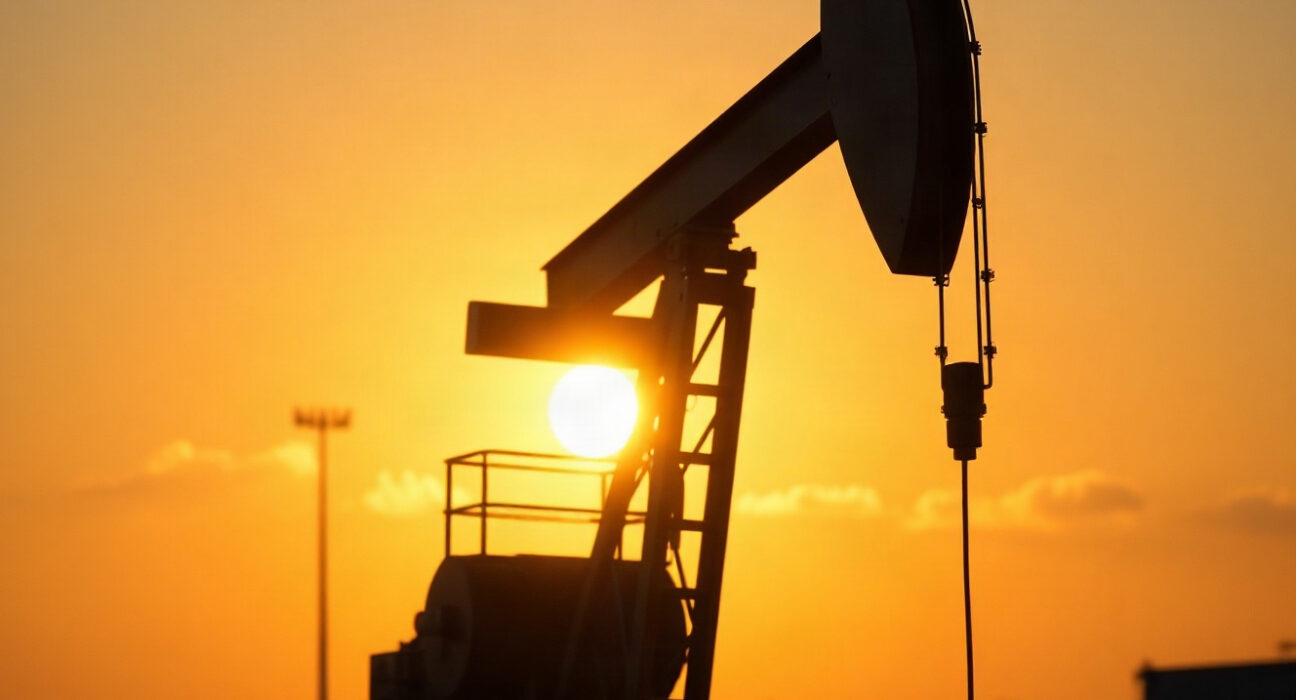 Oil pumpjack silhouette at sunset representing crude oil supply and energy markets