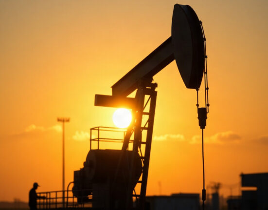 Oil pumpjack silhouette at sunset representing crude oil supply and energy markets