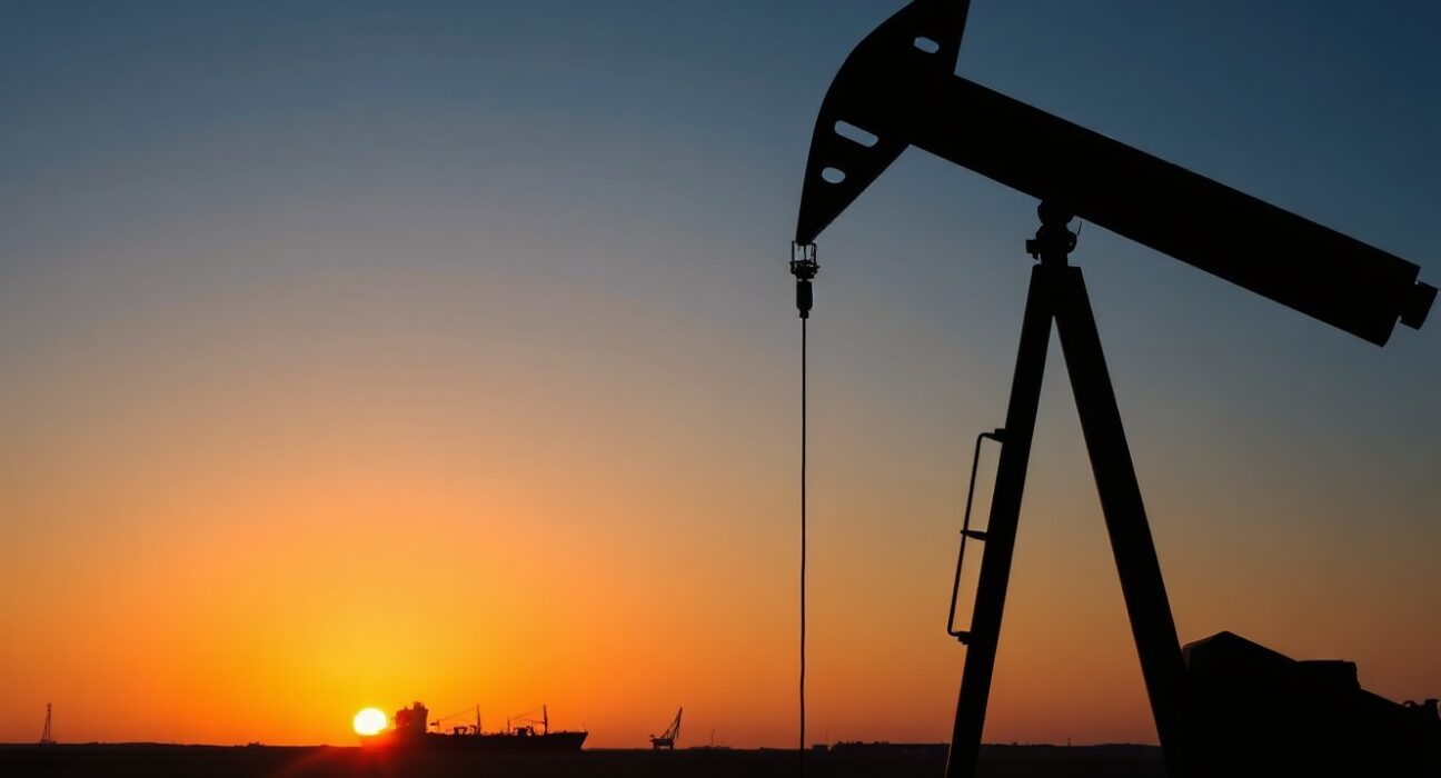 Oil pumpjack silhouetted at sunset with tanker in distance, representing crude supply risks.