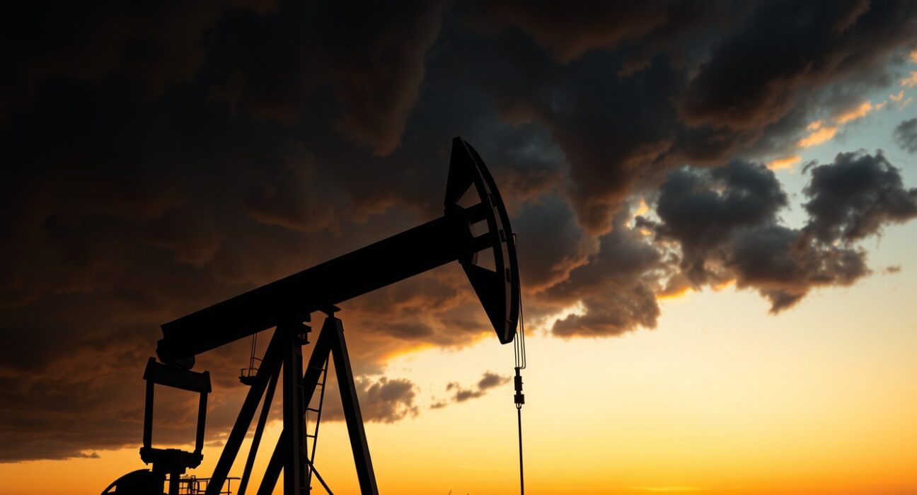 Oil pumpjack silhouetted against stormy sky representing WTI price surge amid Middle East tensions