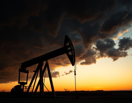 Oil pumpjack silhouetted against stormy sky representing WTI price surge amid Middle East tensions