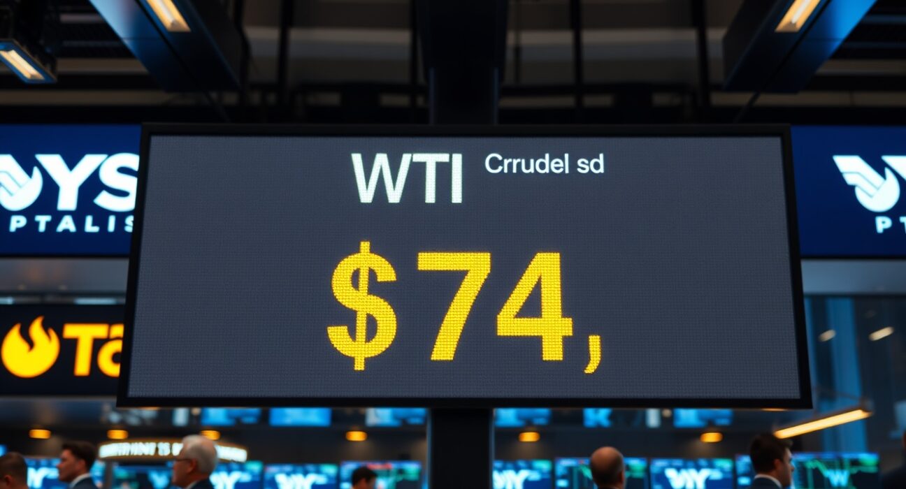 Digital display board showing WTI crude oil price surging above $74 on a trading floor