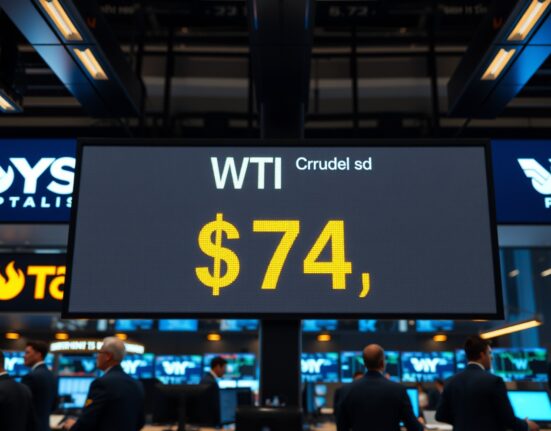 Digital display board showing WTI crude oil price surging above $74 on a trading floor