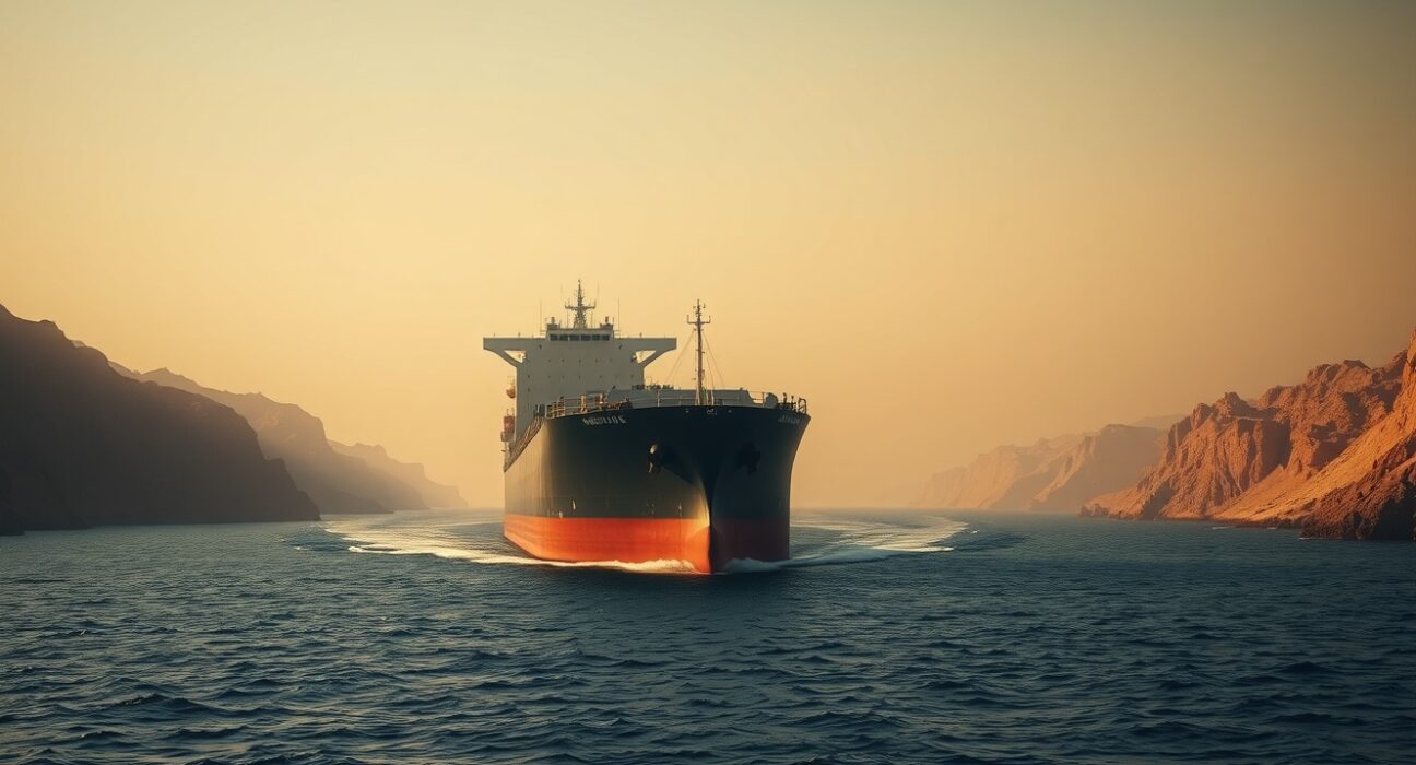 Oil tanker navigating a narrow strategic maritime strait under a tense, hazy sky.