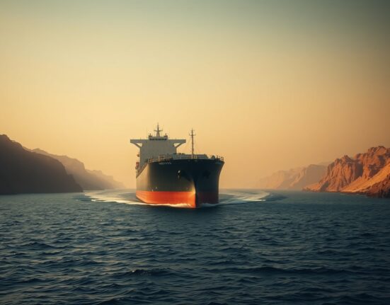 Oil tanker navigating a narrow strategic maritime strait under a tense, hazy sky.
