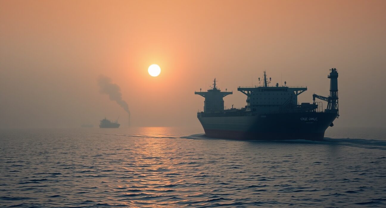 Oil tanker sailing through the Strait of Hormuz with distant smoke from military activity
