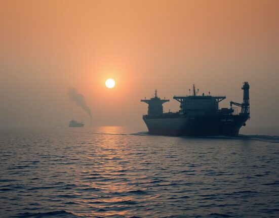 Oil tanker sailing through the Strait of Hormuz with distant smoke from military activity