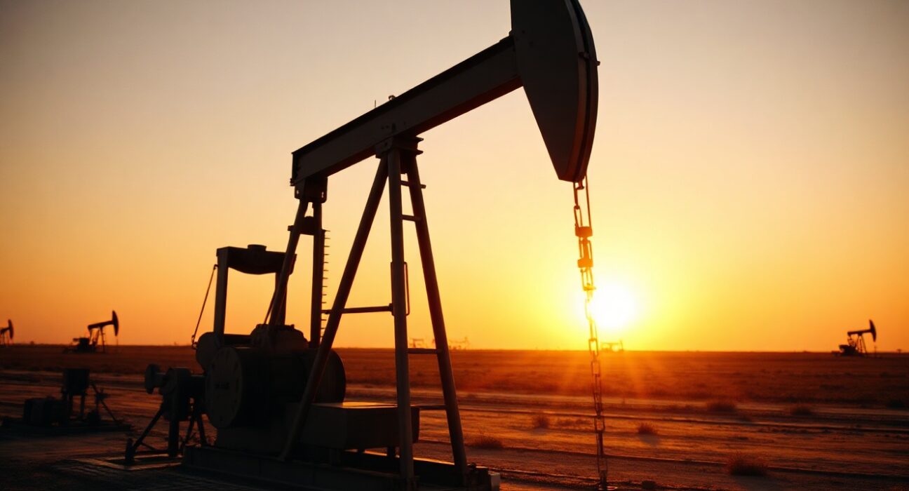 Oil pumpjack in a field at sunset, representing WTI crude supply and market conditions.