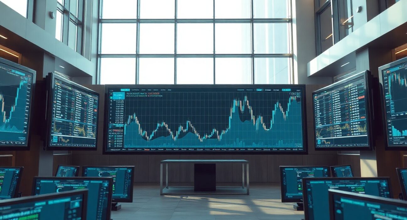 Digital trading screens with charts and data streams representing WVTS on the Sui blockchain