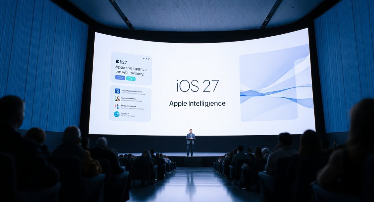 Steve Jobs Theater stage at WWDC 2026 with iOS 27 and Apple Intelligence on screen