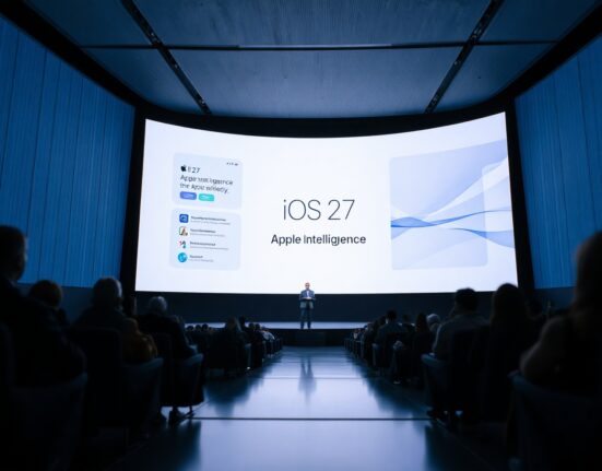 Steve Jobs Theater stage at WWDC 2026 with iOS 27 and Apple Intelligence on screen