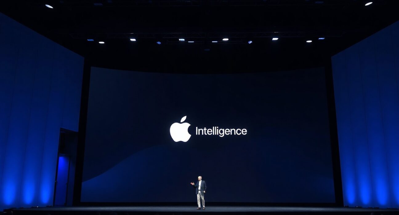 Apple WWDC 2026 keynote stage with Apple Intelligence logo and presenter at Steve Jobs Theater