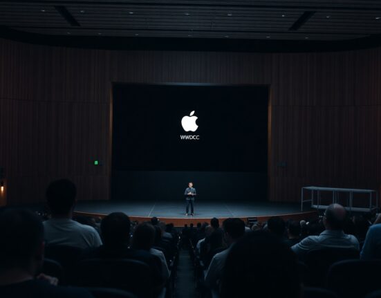 Apple Park WWDC 2026 keynote stage with Apple Intelligence and Siri AI graphics on screen