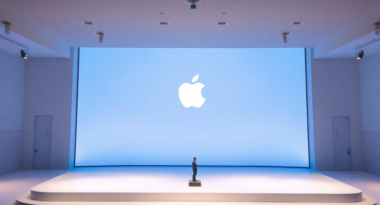 Apple Park's Steve Jobs Theater stage with Apple logo during WWDC 2026 keynote announcement