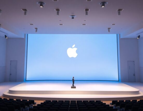 Apple Park's Steve Jobs Theater stage with Apple logo during WWDC 2026 keynote announcement