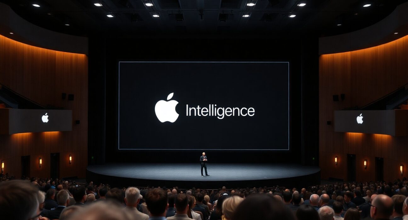 Apple Park Steve Jobs Theater stage with Apple Intelligence and Siri AI display during WWDC 2026 keynote