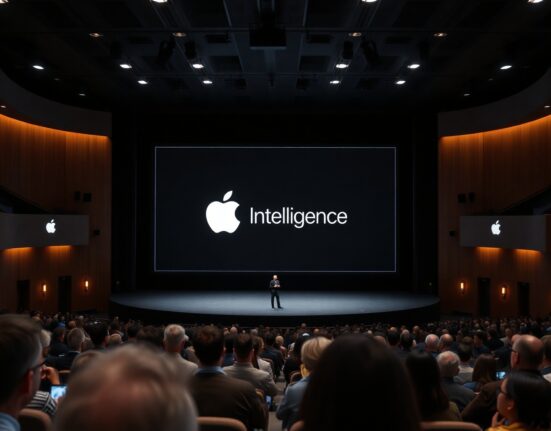 Apple Park Steve Jobs Theater stage with Apple Intelligence and Siri AI display during WWDC 2026 keynote