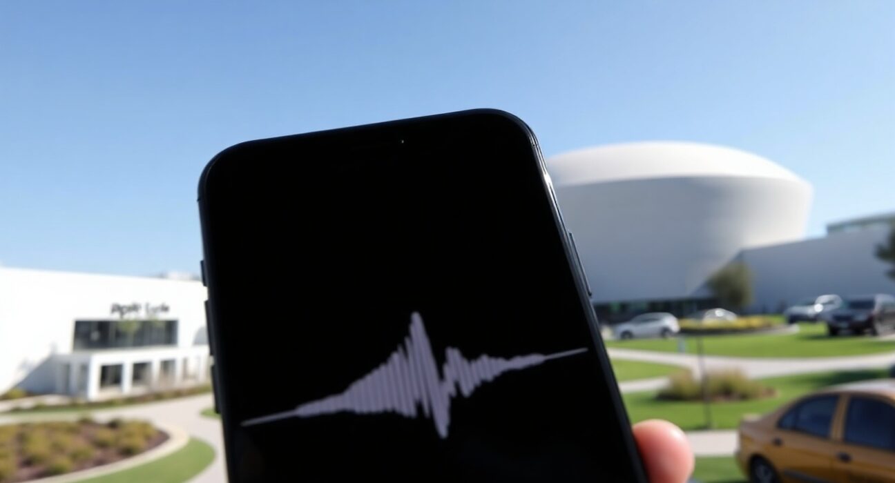 iPhone displaying Siri interface with glowing waveform at Apple Park during WWDC 2026