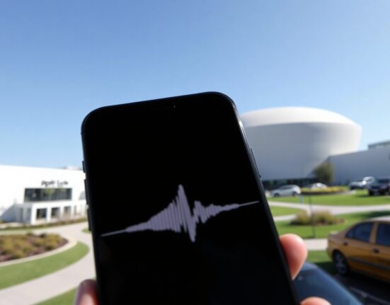 iPhone displaying Siri interface with glowing waveform at Apple Park during WWDC 2026