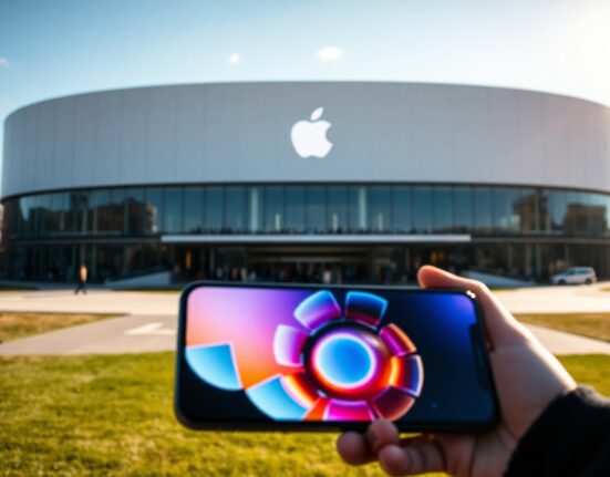 Apple Park campus with Steve Jobs Theater on a sunny day, iPhone in foreground with AI interface