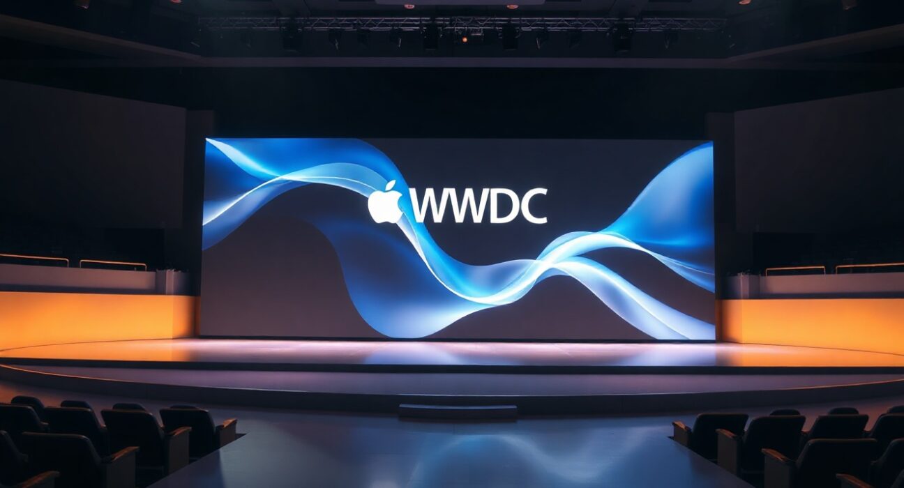 Apple WWDC 2026 event stage with digital screen showing AI graphics and event branding