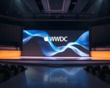 Apple WWDC 2026 event stage with digital screen showing AI graphics and event branding