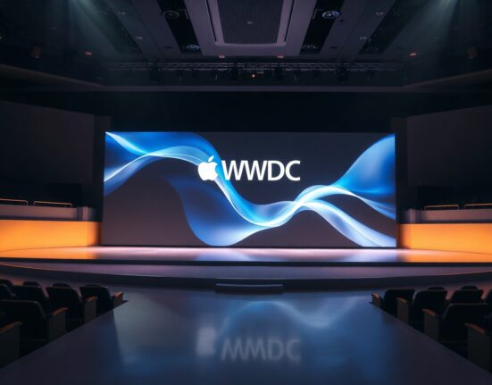 Apple WWDC 2026 event stage with digital screen showing AI graphics and event branding