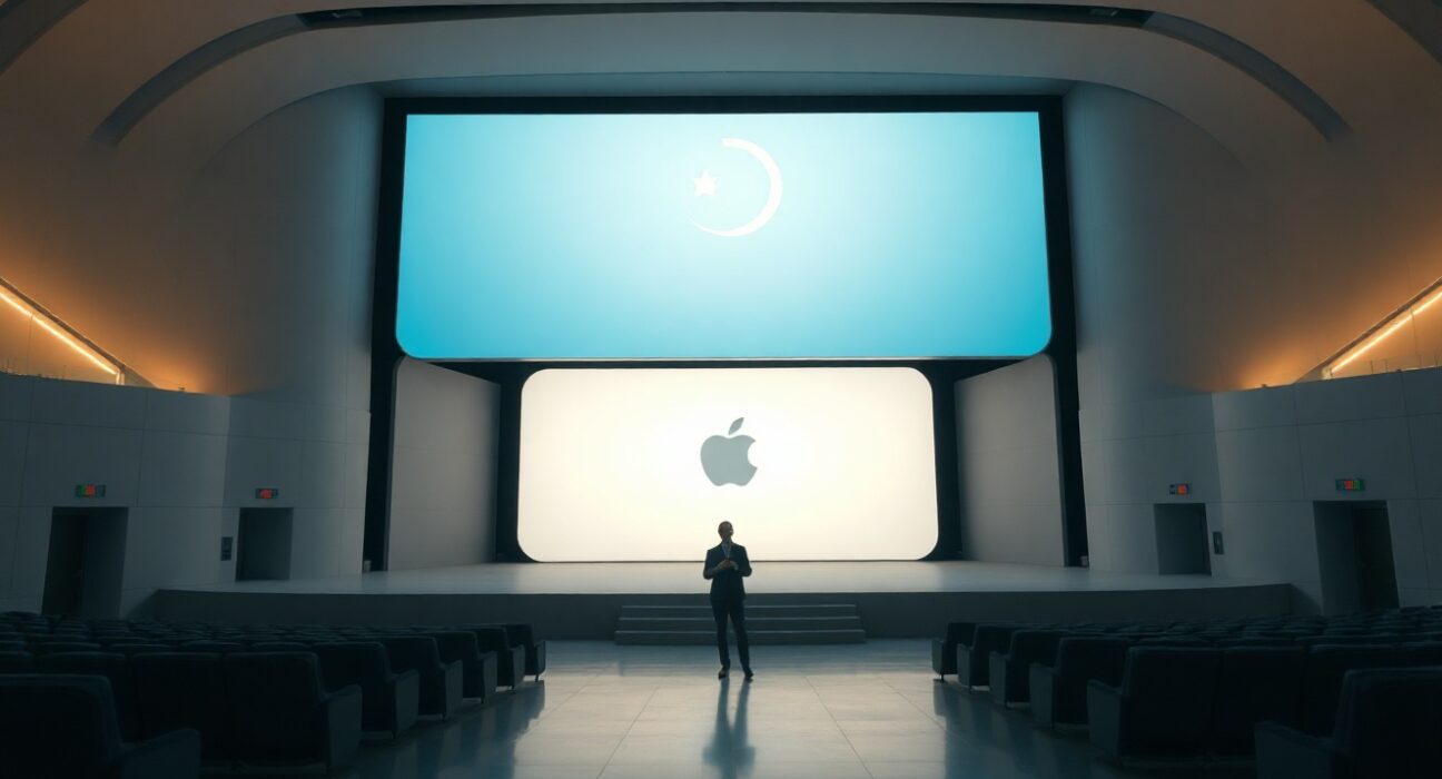 Apple Park stage during WWDC 2026 keynote with Apple Intelligence logo on display