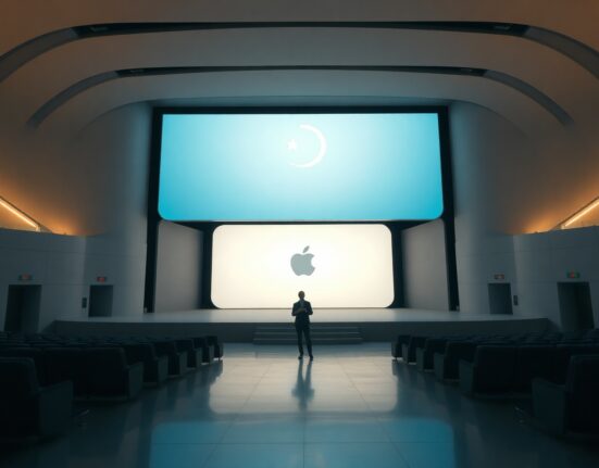 Apple Park stage during WWDC 2026 keynote with Apple Intelligence logo on display