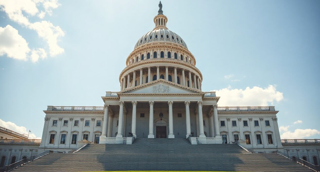 US Capitol Building on a sunny day, symbolizing legislative action on blockchain policy.
