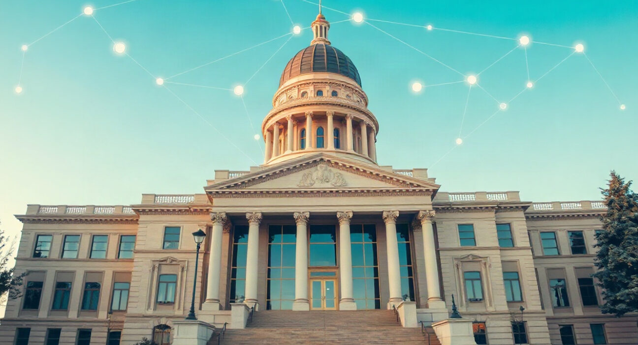 Wyoming State Capitol building with digital network overlays symbolizing blockchain infrastructure