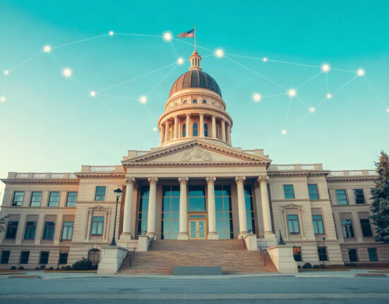 Wyoming State Capitol building with digital network overlays symbolizing blockchain infrastructure